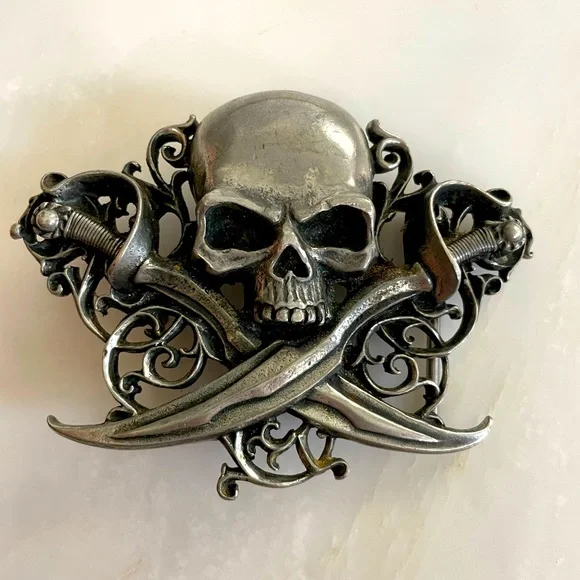 Alchemy Gothic 1977 metal pewter skull crossed sword belt buckle Made in England - Picture 1 of 5